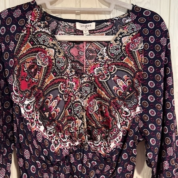 Nwt Umgee Wine Multiprint Surplice Long Sleeve Tiered Short Dress, Size M - Picture 3 of 12